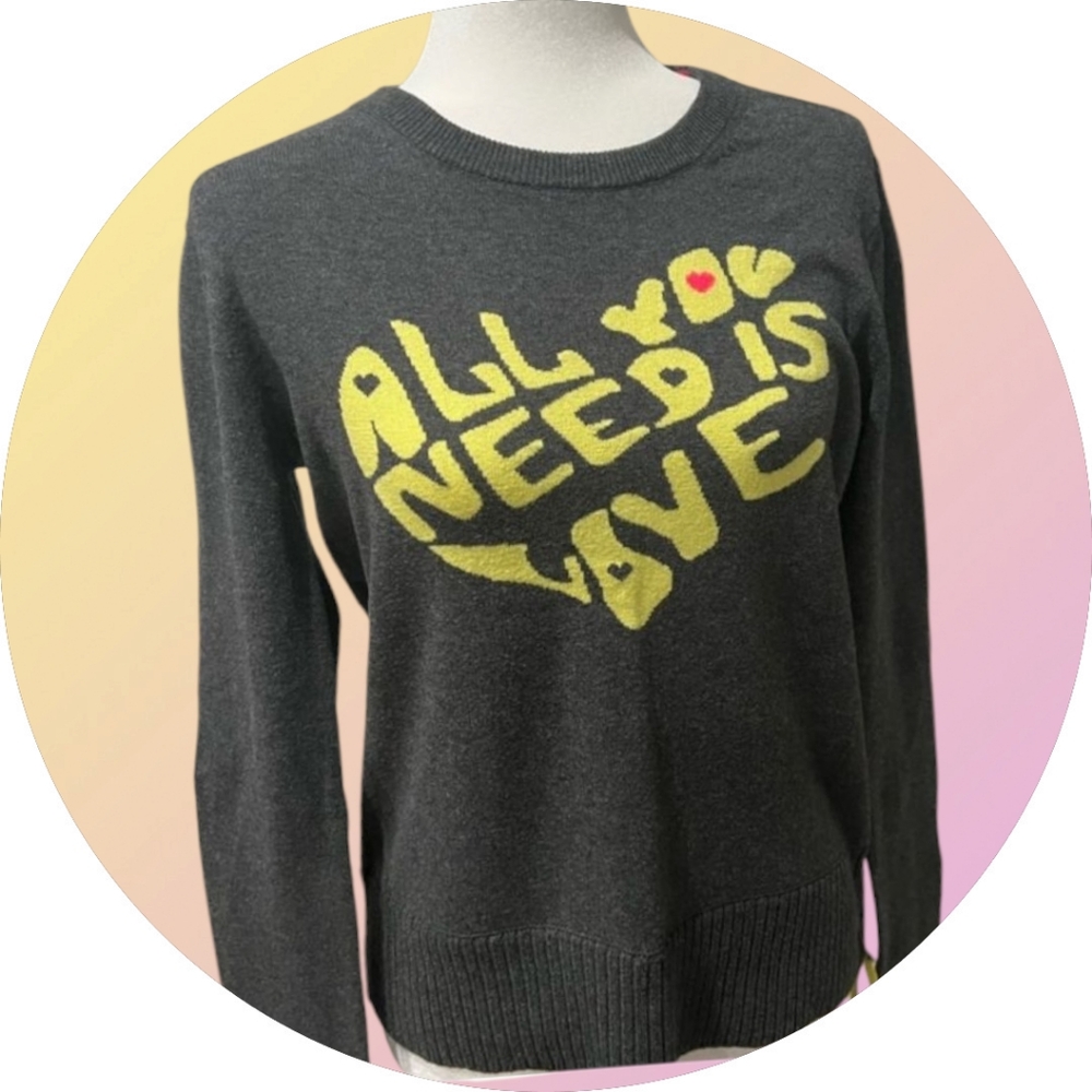 Lisa Todd Black Sweater with Yellow Heart Graphic and Pink Accent